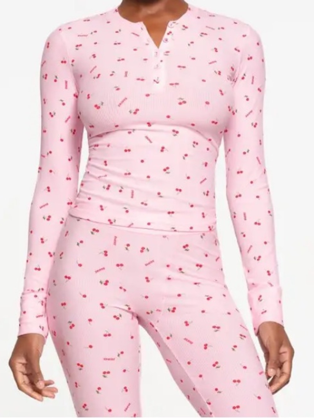 SKIMS Pink Cherry-Print Ribbed Long-Sleeve Henley Top